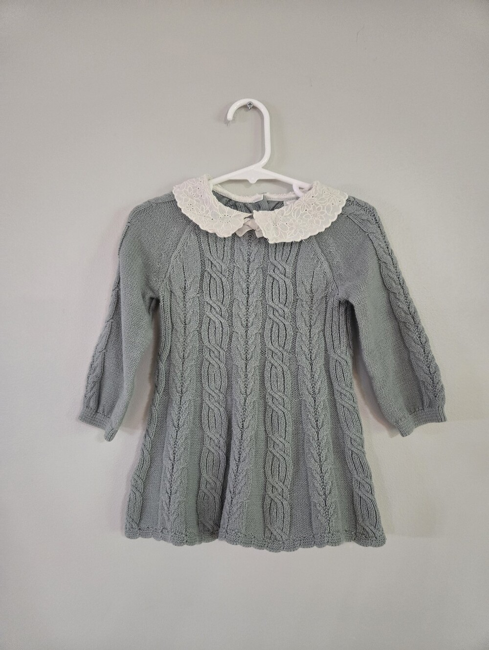 Max Studio Cable Knit Baby Dress with Lace Peter Pan Collar - Light Green/Gray